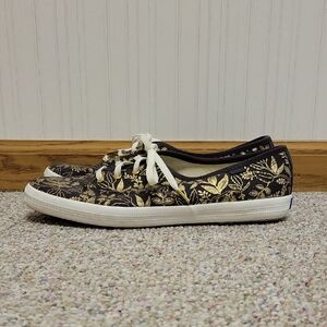 Keds X Rifle Paper Co Black Canvas Sneakers with Gold Leaf Pattern Sz 10